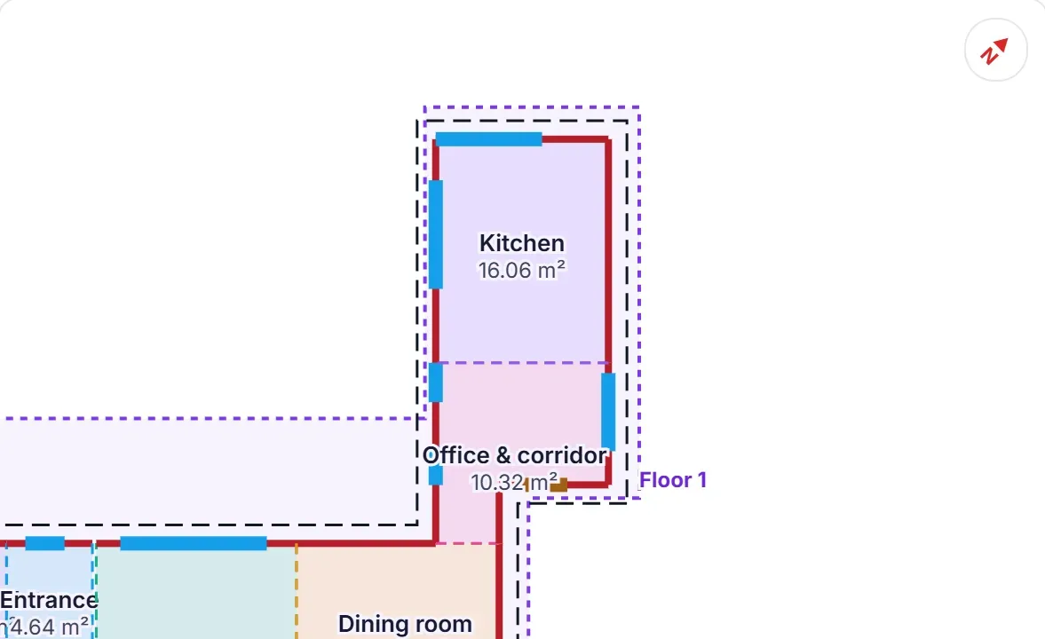 Rooms of a two-storey house traced on its floor plan in Thermalix, with their areas, windows and doors